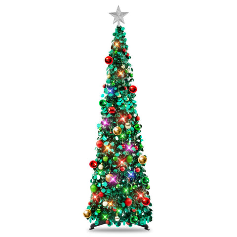 N&T NIETING front view of peacock blue pop up tree showing festive presence