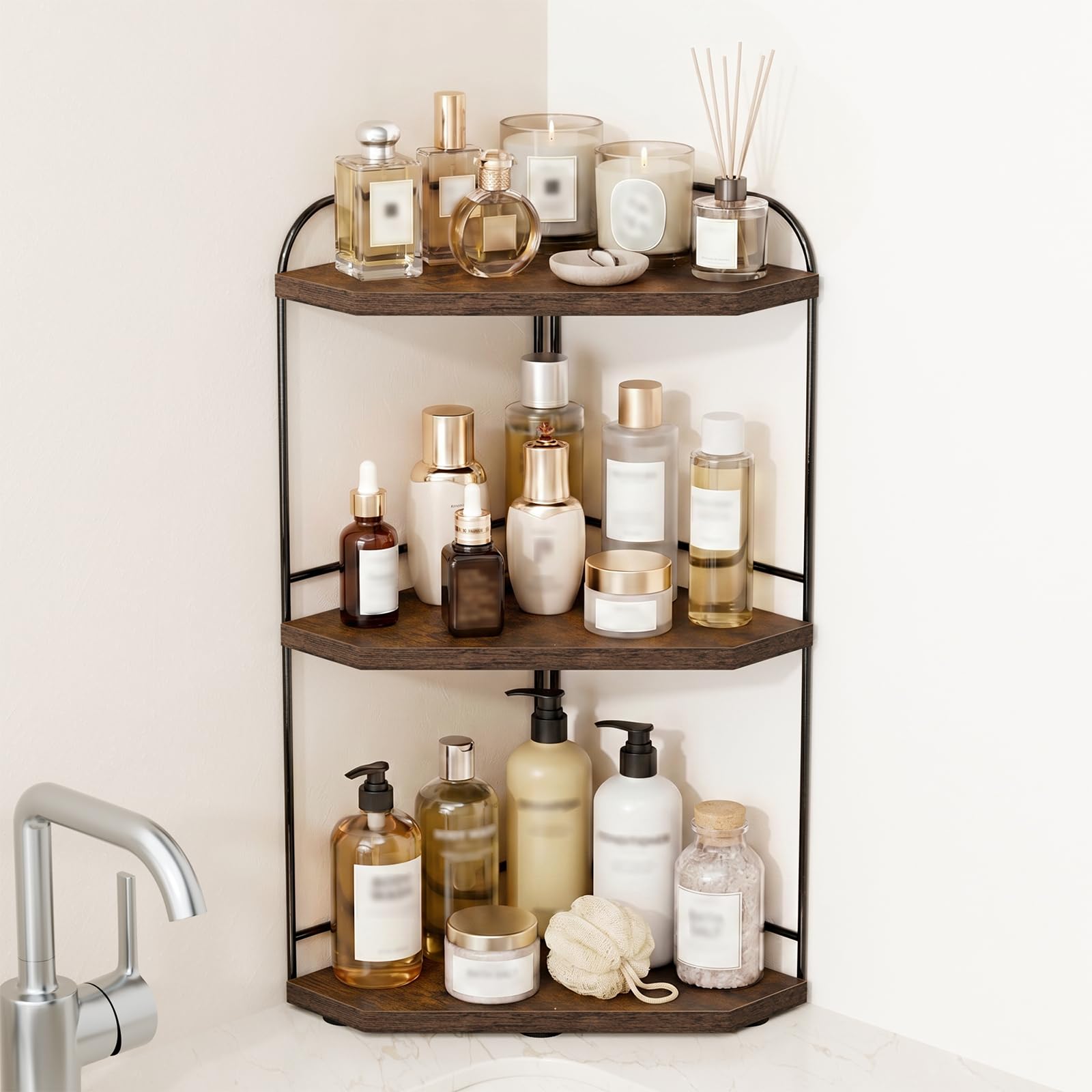 Naeqieo front view showing three-tier corner organizer for clear countertop benefits
