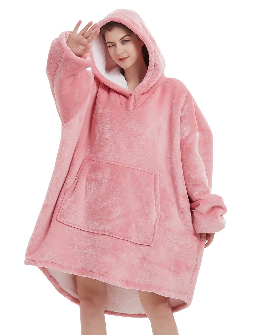 NAFLEAP front view of pink oversized wearable blanket hoodie showing roomy fit and warmth