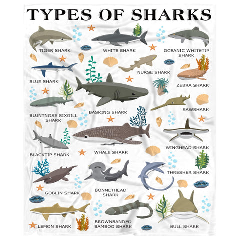 Nairatmya shark blanket front view showing playful shark prints and bright colors for fun décor