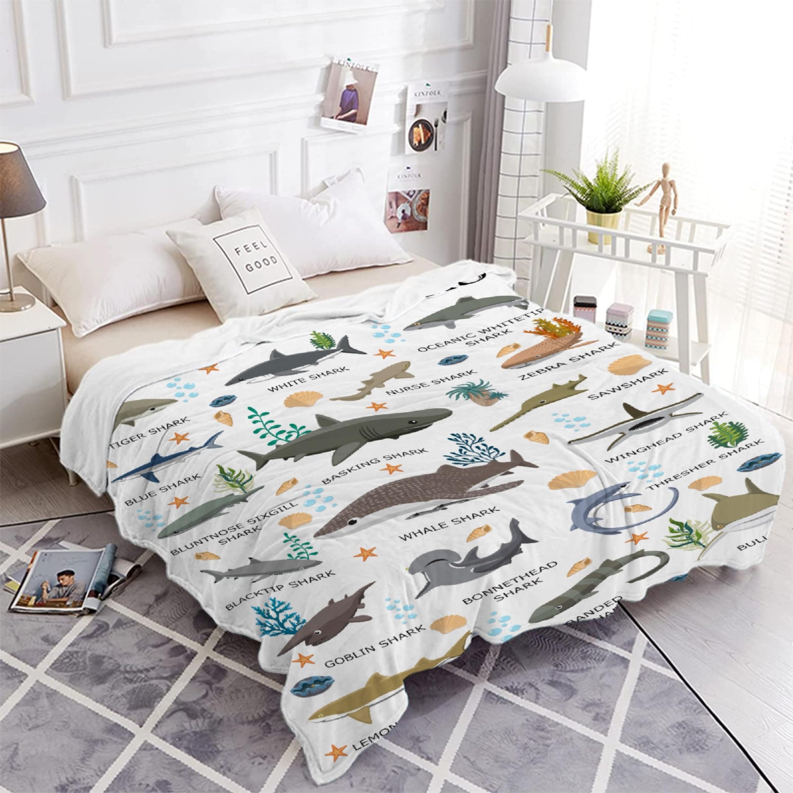 Nairatmya shark blanket styled in a child's bedroom adding cheerful marine-themed decor