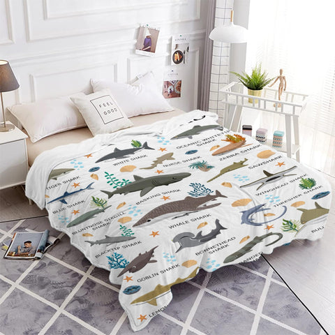 Nairatmya shark blanket styled in a child's bedroom adding cheerful marine-themed decor