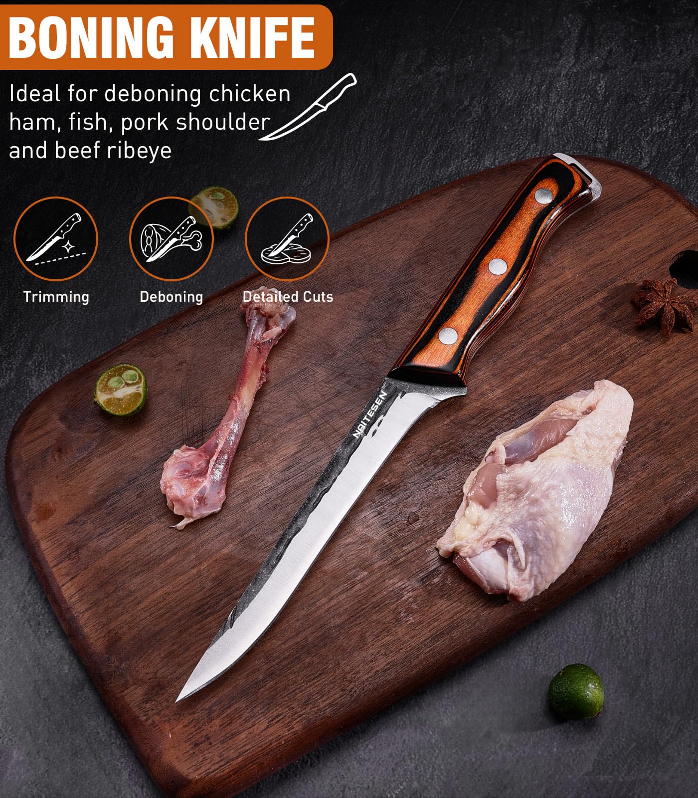 Naitesen boning knife edge and point detail for precise trimming benefit
