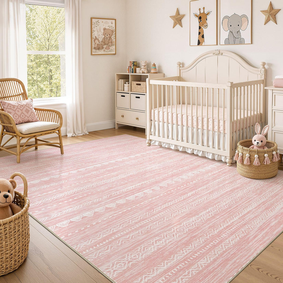 Nakagishi front view of pink boho rug shows bright pattern and cozy look