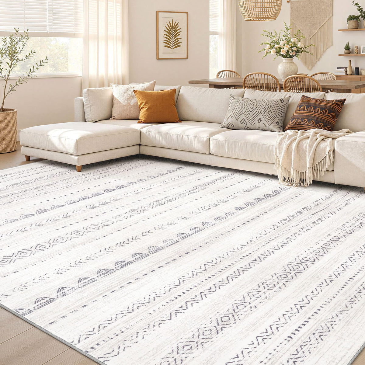 Nakagishi front view of gray boho rug showing full pattern and balance