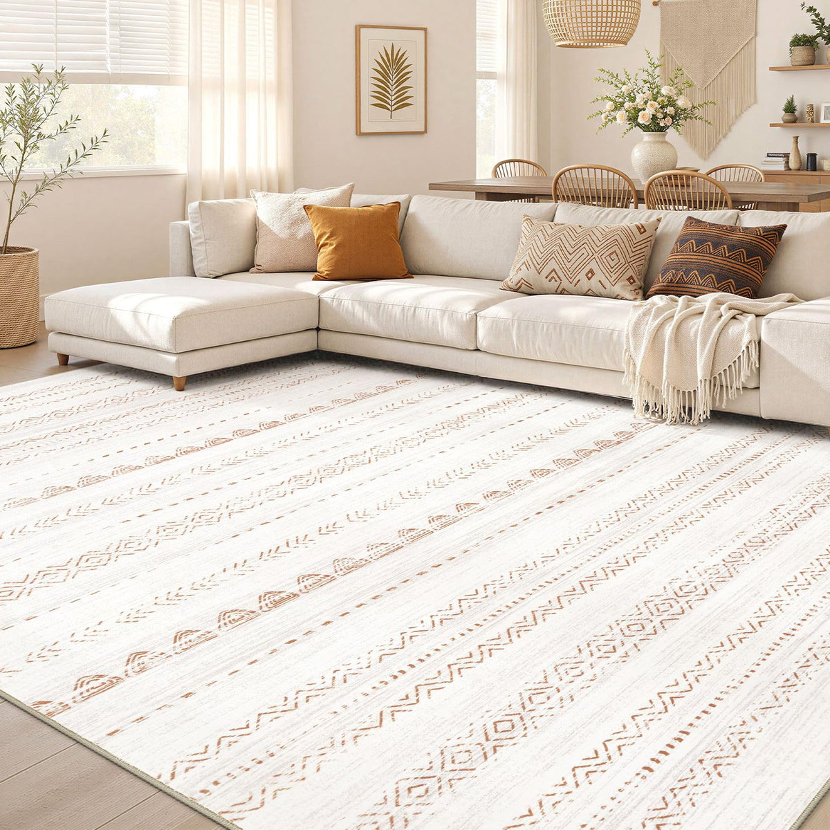 Nakagishi front view showing brown boho rug and cozy living benefit