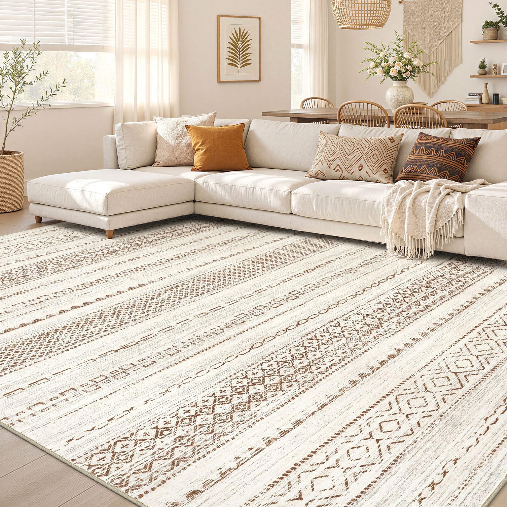 Nakagishi front view of brown boho rug showing pattern and warm tones for stylish floors