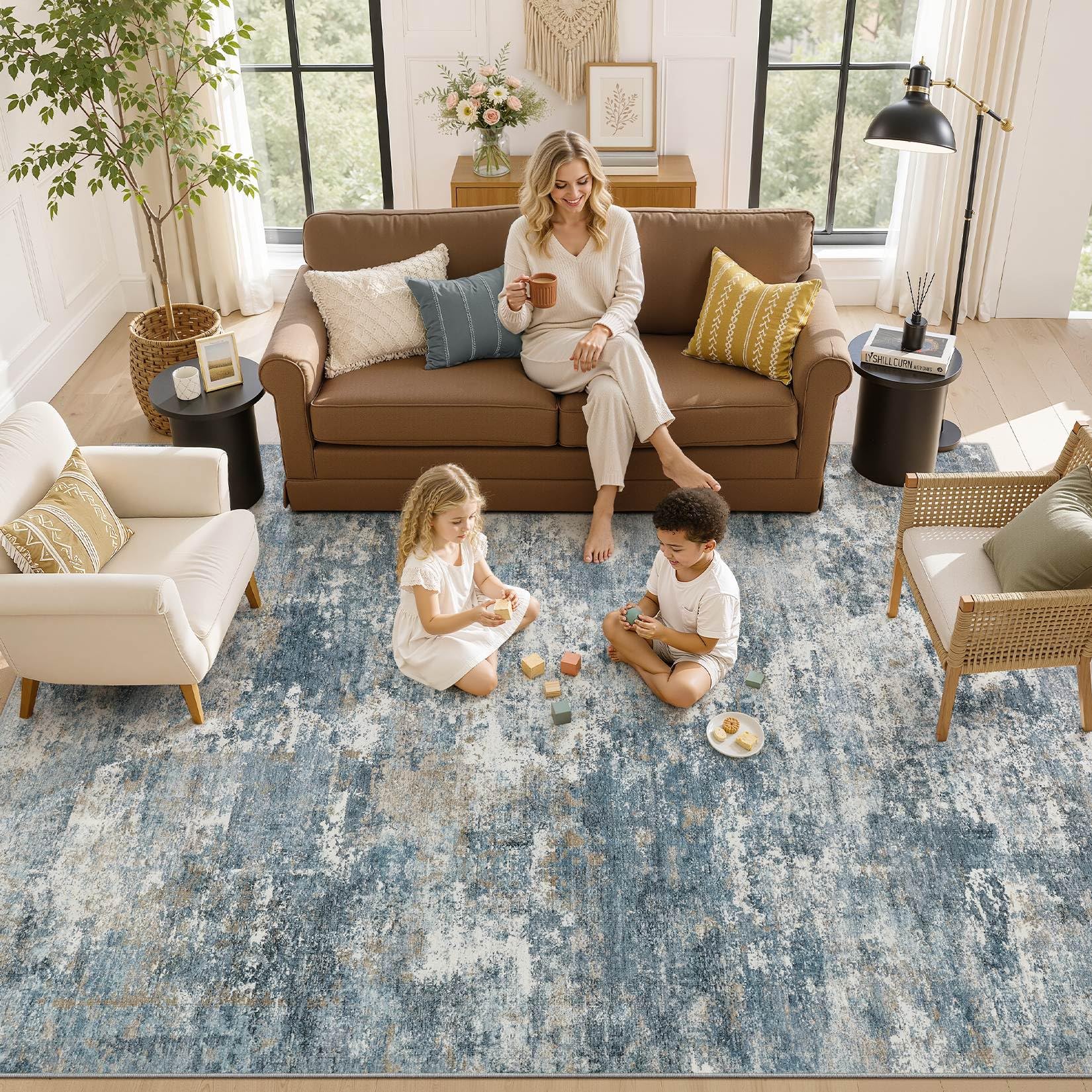 Nakagishi rug with children playing highlighting family-friendly comfort