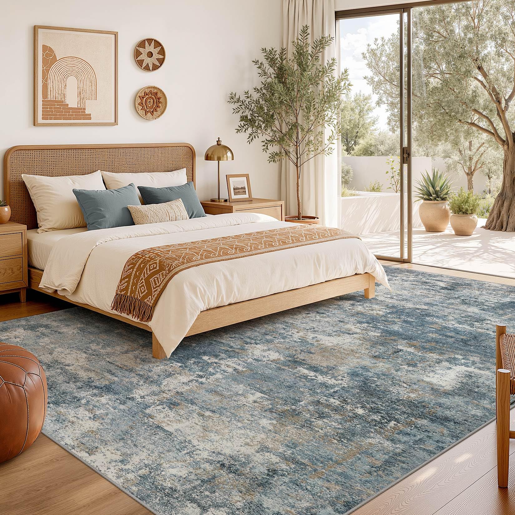 Nakagishi rug beside furniture to show 5x7 scale and room fit