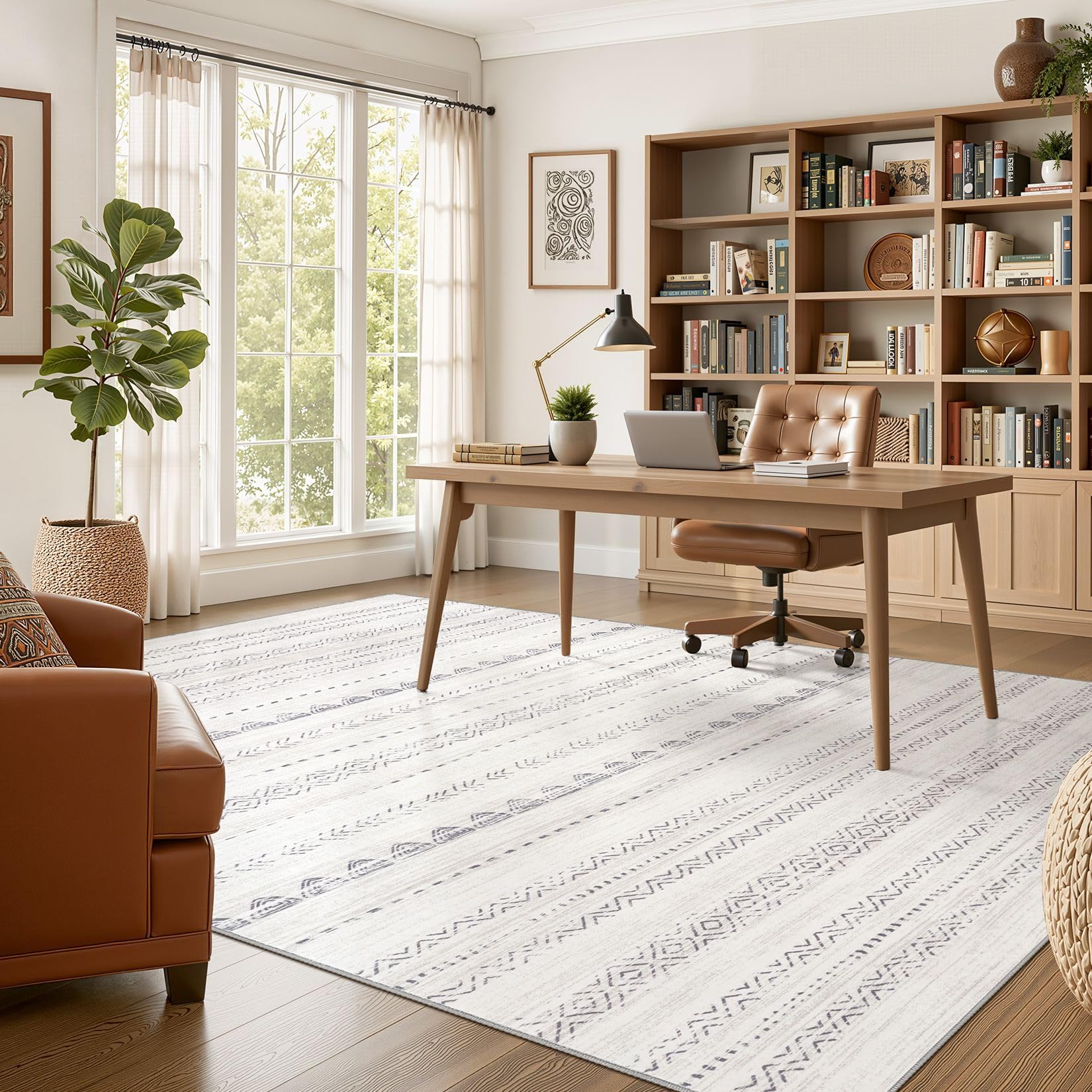 Nakagishi rug in living room to show 6x9 size and scale benefit
