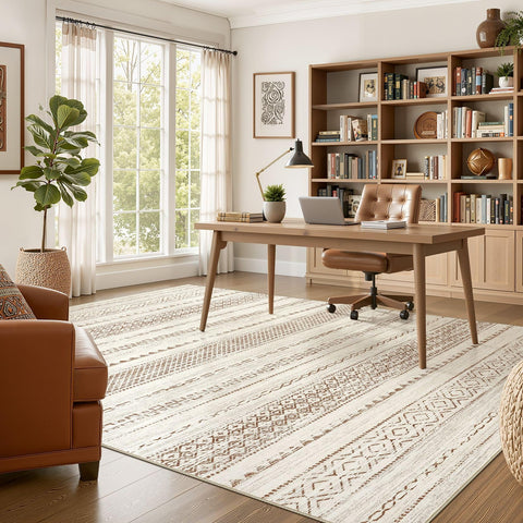Nakagishi rug next to sofa showing 5x7 scale and furniture fit