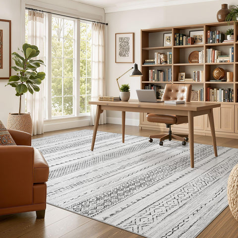 Nakagishi rug scale under sofa to show 5x7 size and fit