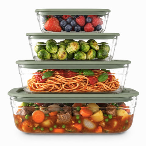 Naked Kitchen front view of full 8-piece set showing containers and green lids for organized storage
