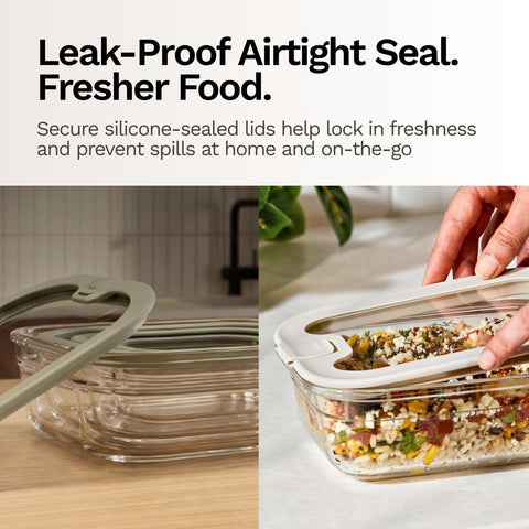 Naked Kitchen containers filled with prepared meals for convenient meal prep and transport