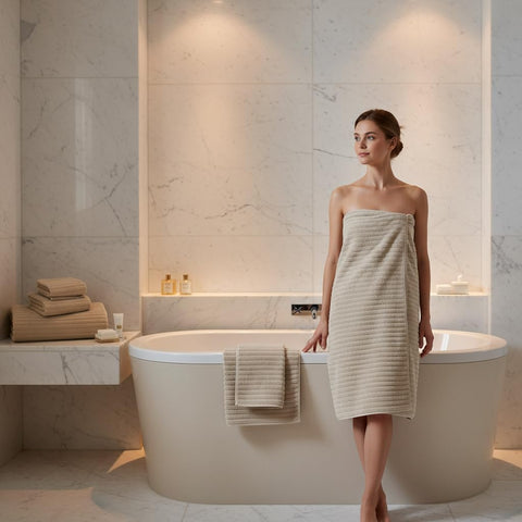 NALIVO folded bath sheet displayed next to a ruler showing extra-large 40x80 size
