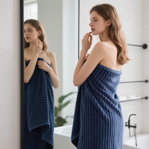 NALIVO bath sheet wrapped on model showing secure full-body coverage benefit
