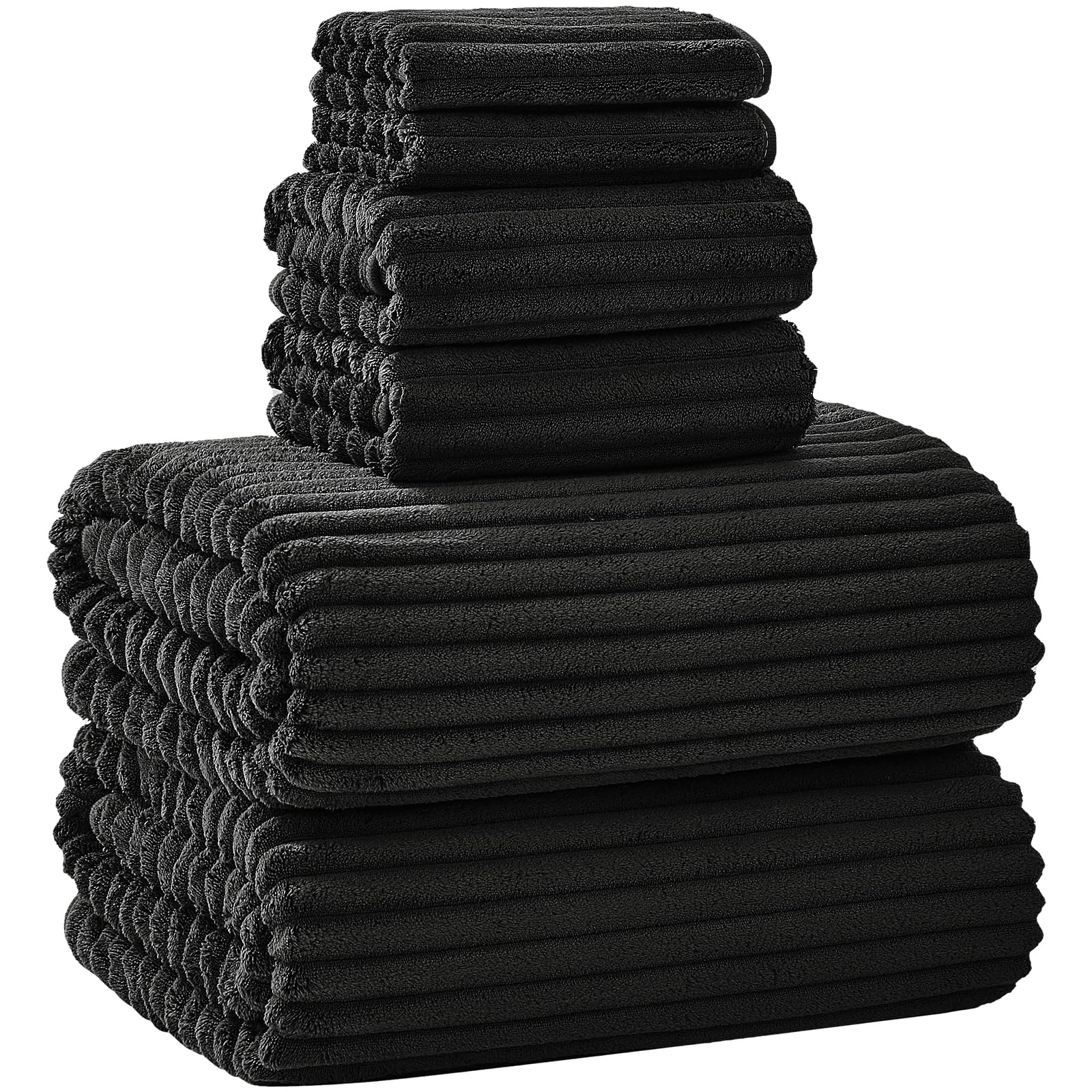 NALIVO front view of boxed black towel set showcasing complete six-piece collection and convenience