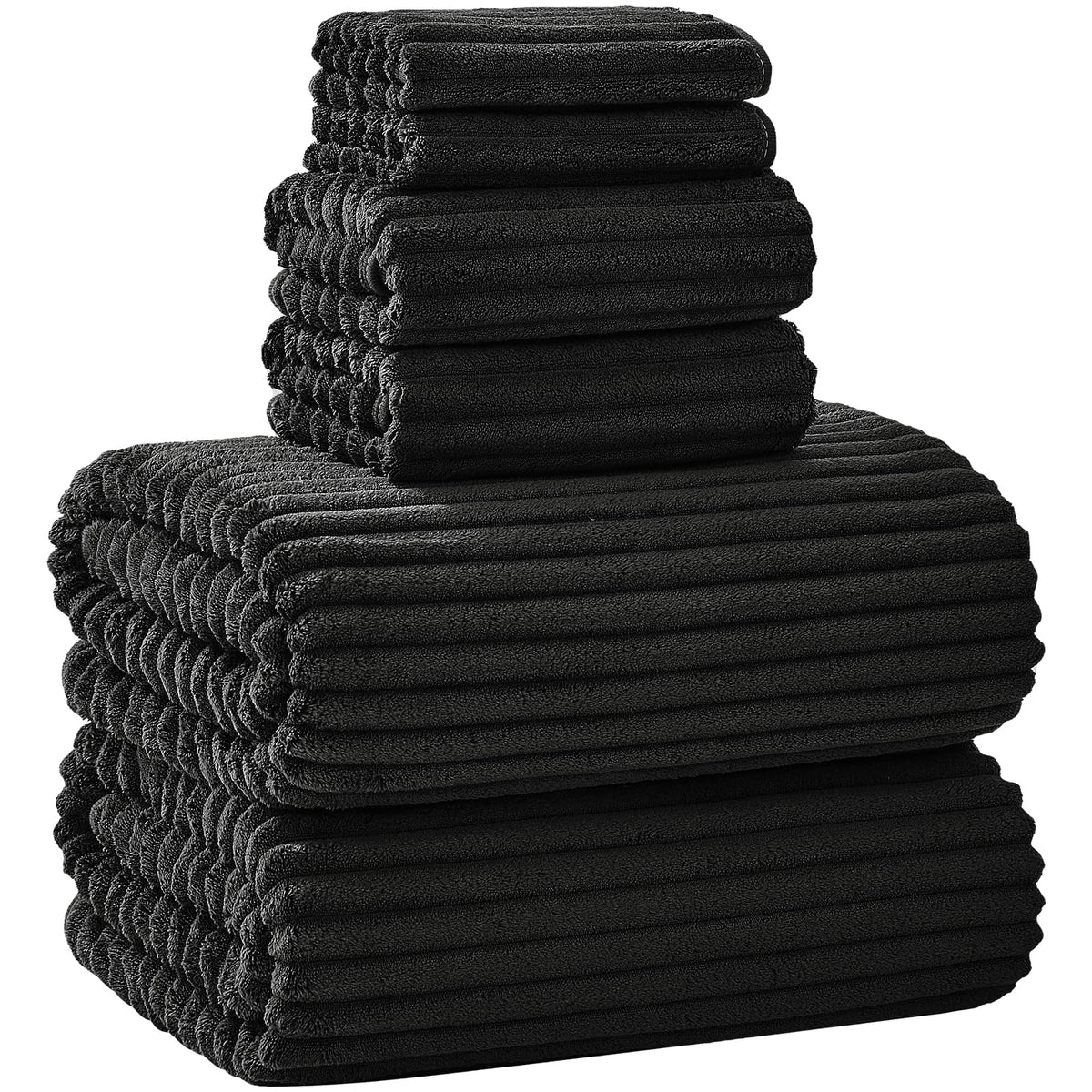 NALIVO front view of boxed black towel set showcasing complete six-piece collection and convenience