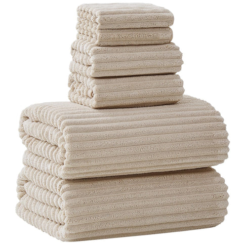 NALIVO front view of beige six-piece towel set showing coordinated pieces and neat presentation