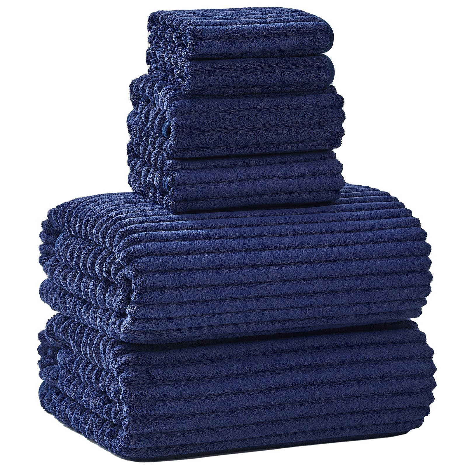 NALIVO front view of navy towel set showing full contents and color benefit