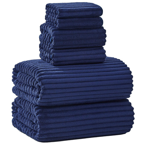 NALIVO front view of navy towel set showing full contents and color benefit