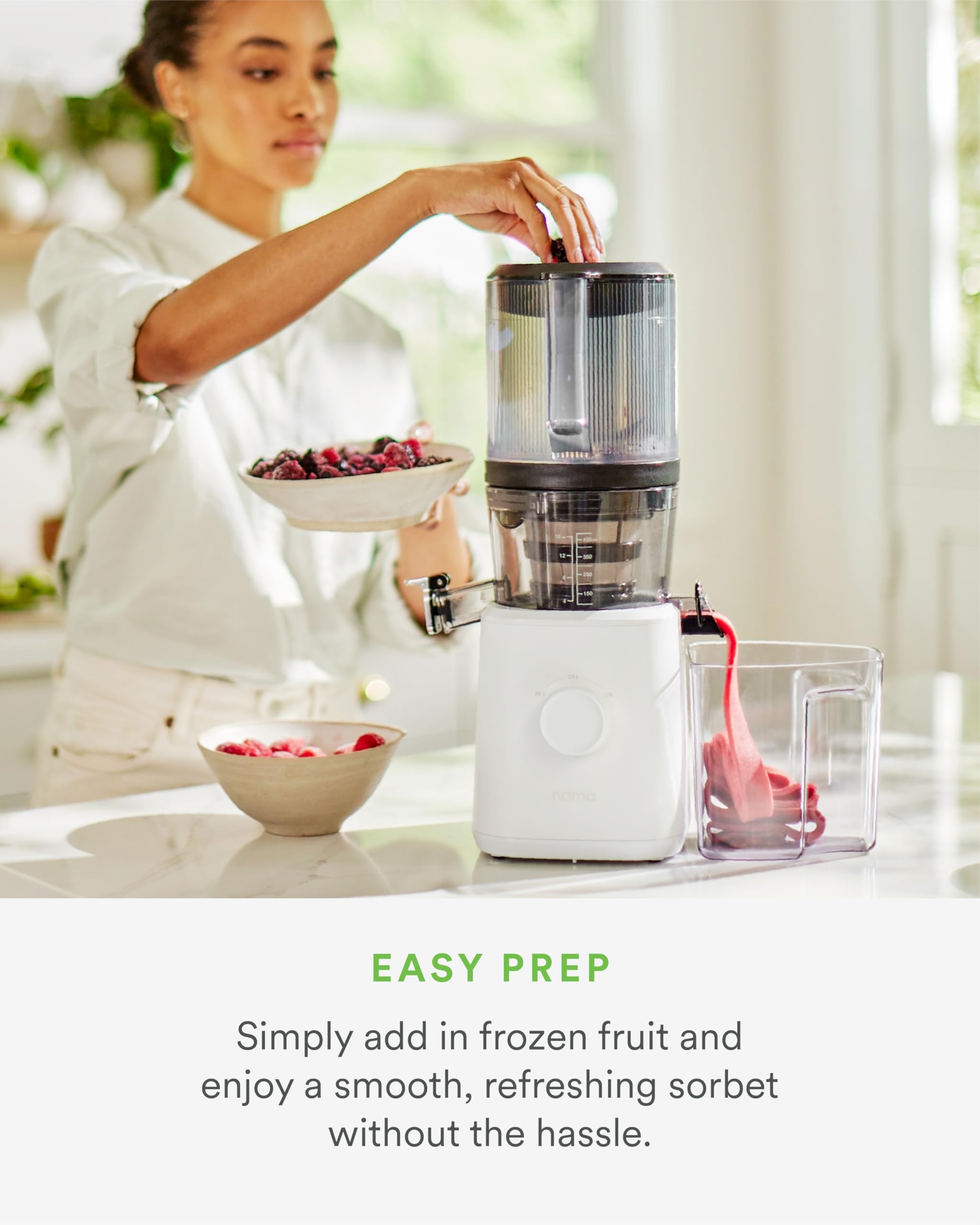 NAMA sorbet attachment in use producing sorbet into a bowl for fast servings