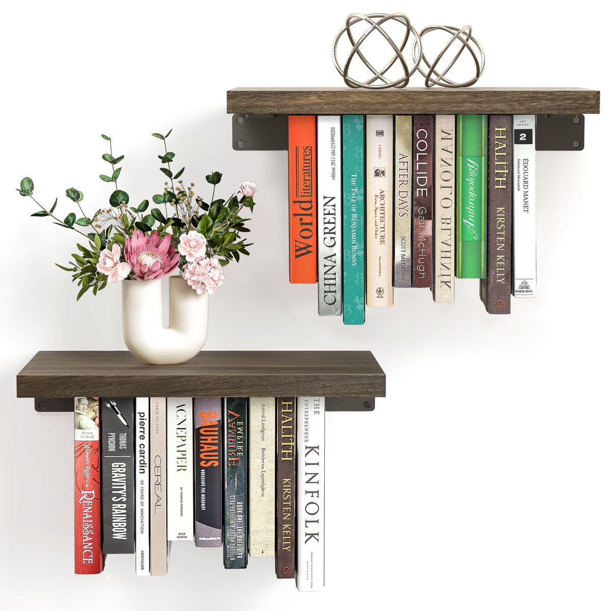 NANATI front view showing floating bookshelf mounted for a clean display benefit of space-saving