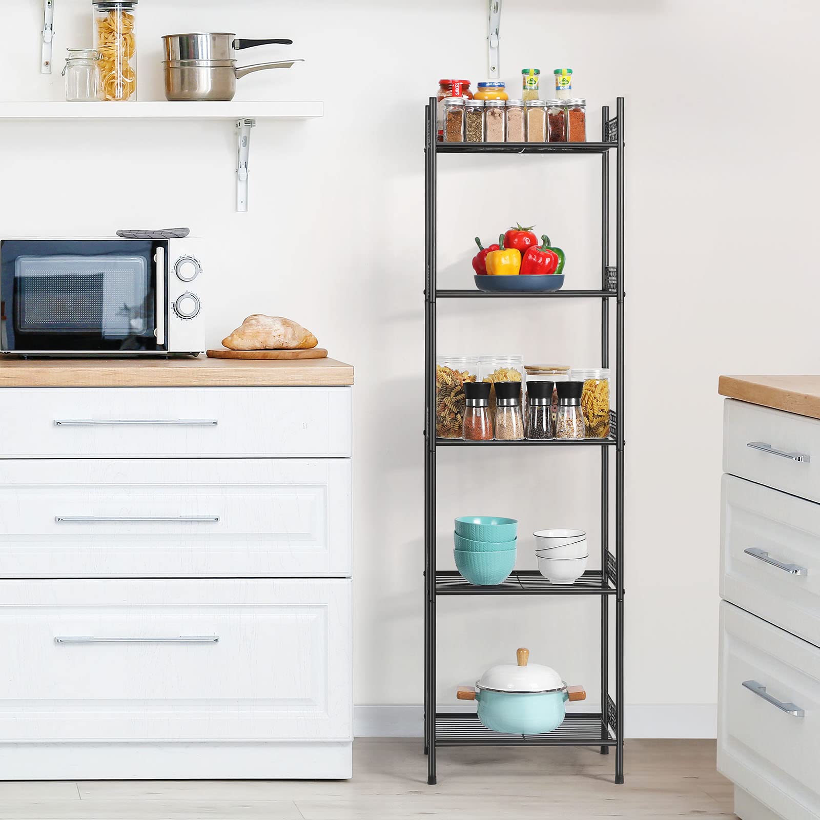 Nandae shelf used in a kitchen with spices and dishes demonstrating versatile organization