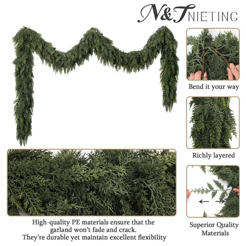 N&T NIETING garland styled on a mantel adding warm holiday ambiance and easy decoration