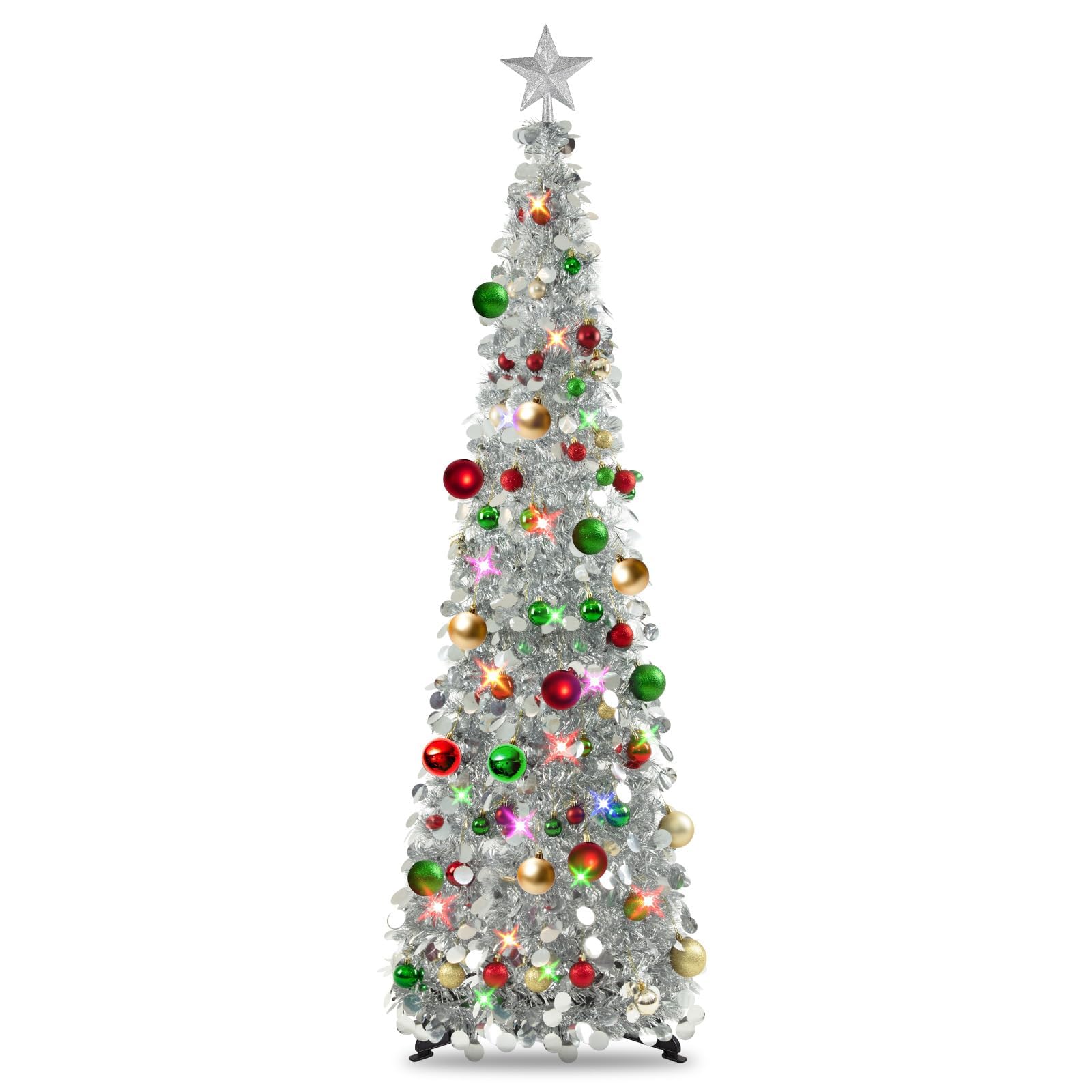 N&T NIETING front view of assembled 5ft silver tinsel tree showcasing lights and ornaments
