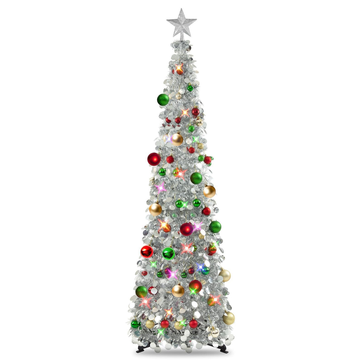 N&T NIETING front view of assembled 5ft silver tinsel tree showcasing lights and ornaments