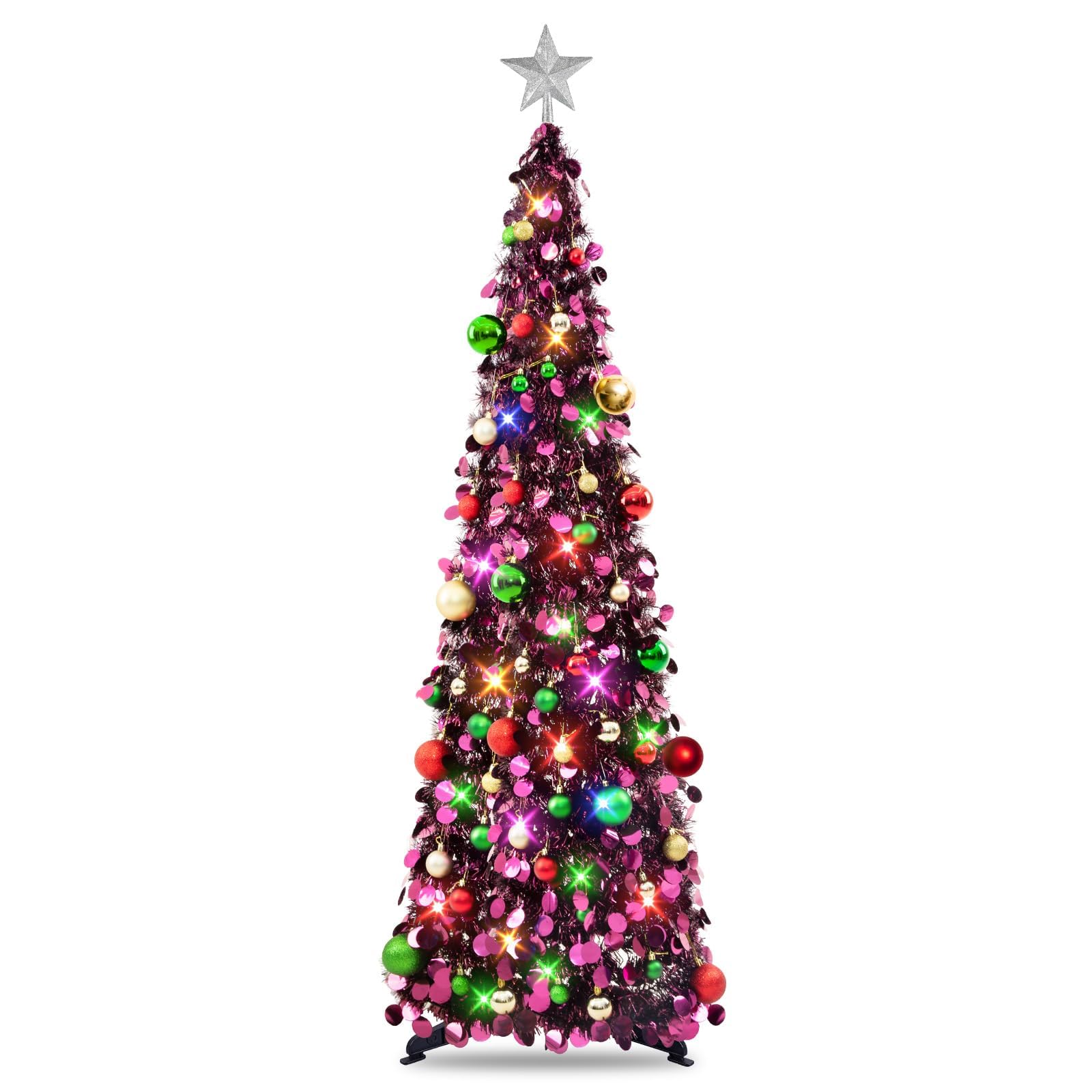 N&T NIETING front view of 5ft purple pop up tree showing full decoration and height