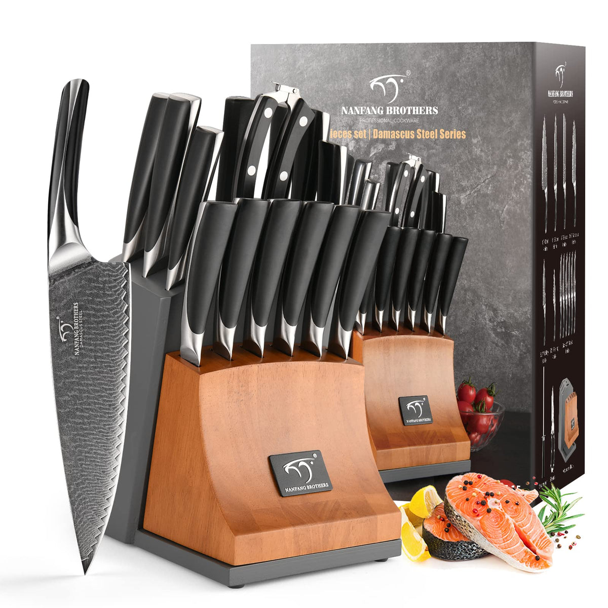 NANFANG BROTHERS beechwood block front view showing organized knives and neat storage benefit
