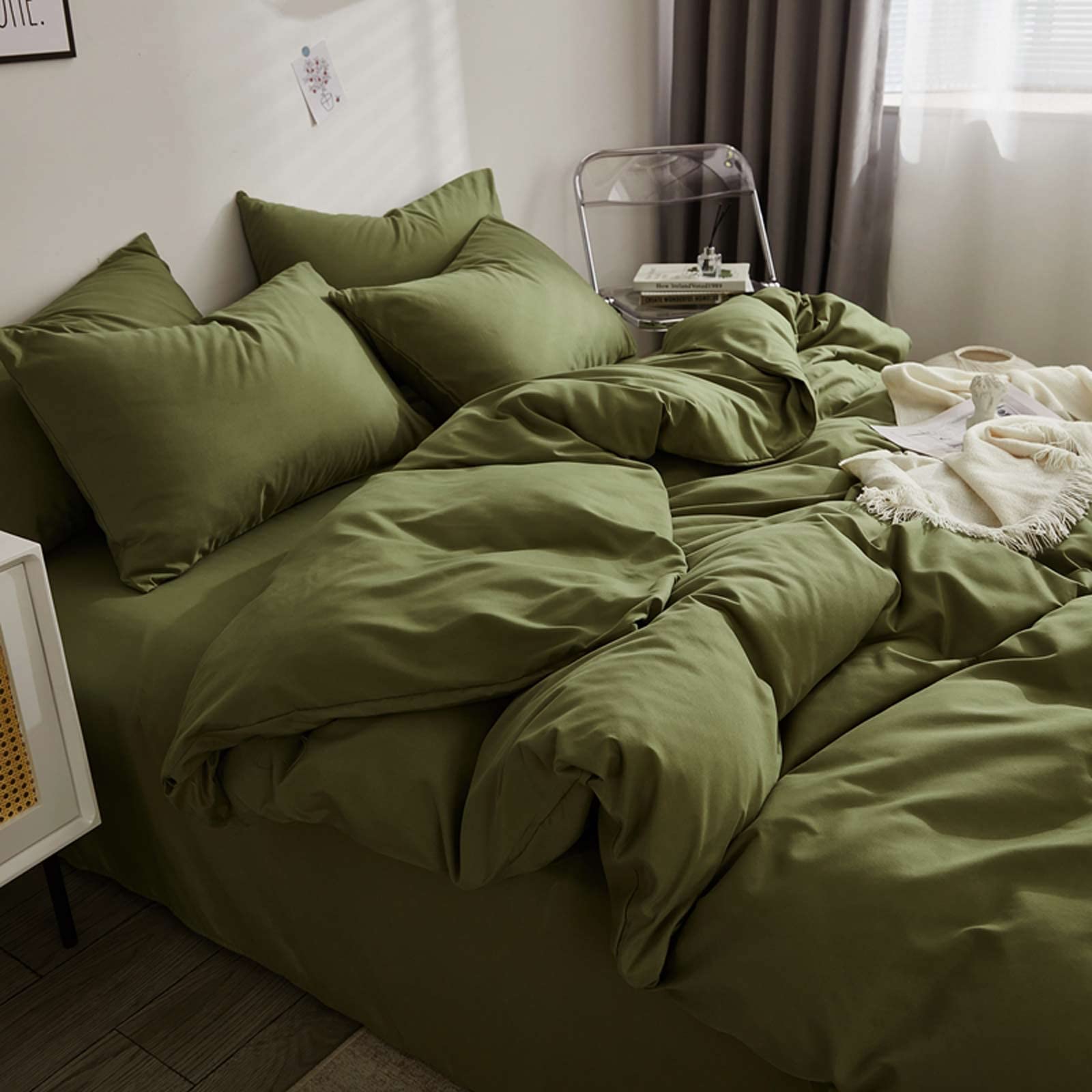 Nanko front view of king comforter showing full bed coverage and calm olive tone