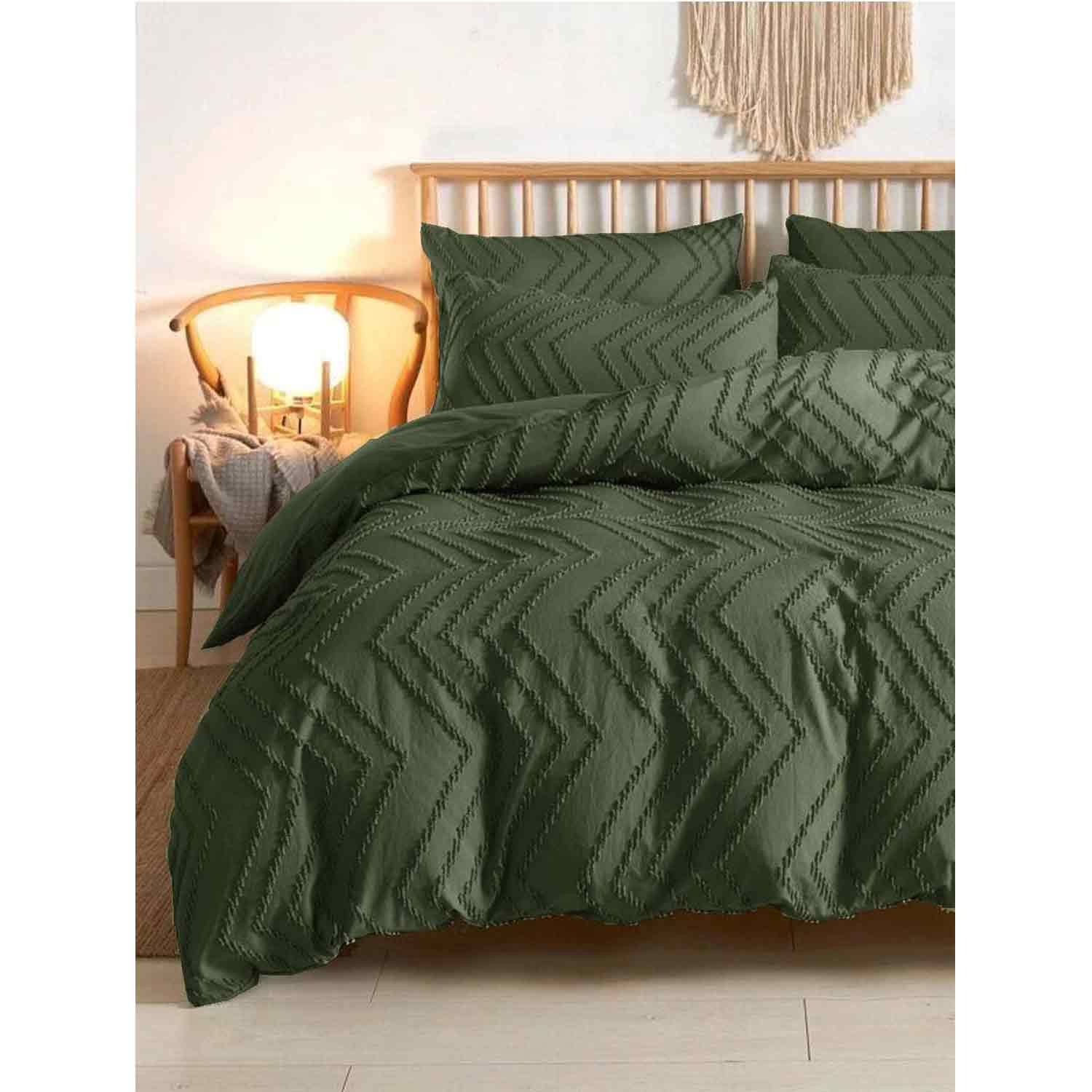Nanko front view of olive green duvet cover showing full set benefit