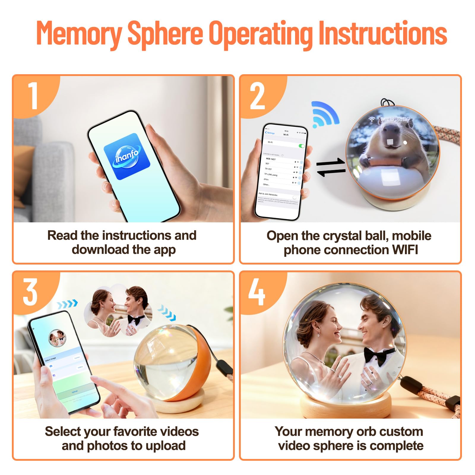 NANSIKE orb illuminated display playing a photo, demonstrating vivid playback benefit for memories