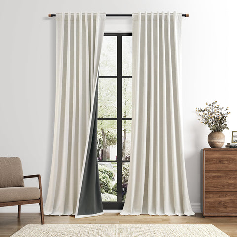 Nanspring front view cream ivory panels showing full blackout and neat drape