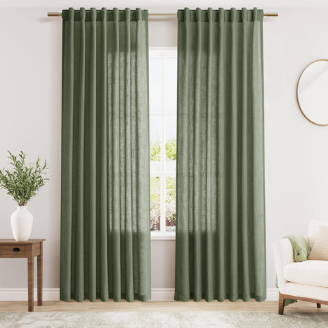 Nanspring curtain front view showing olive green texture and modern farmhouse style
