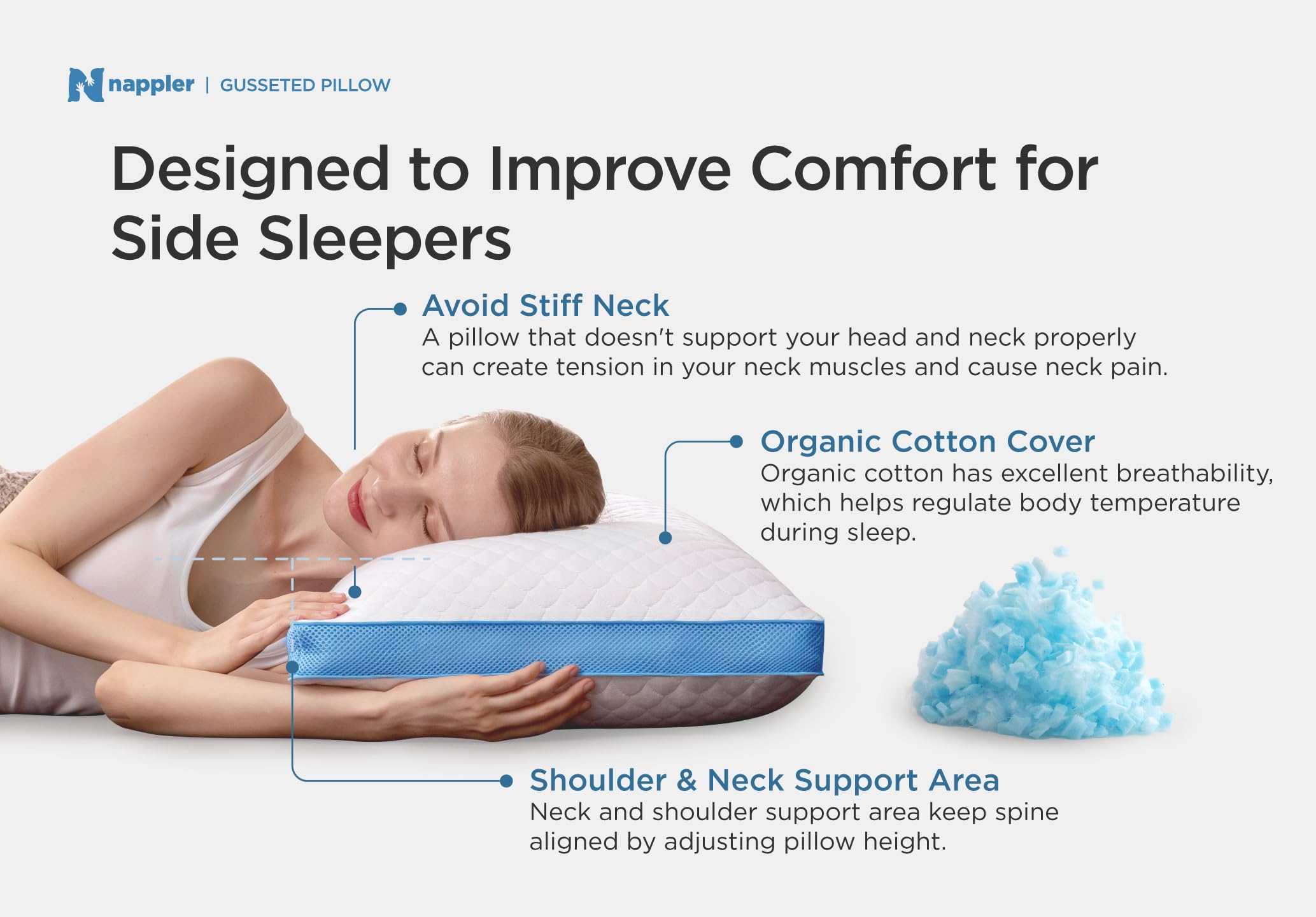 Nappler extra fill pack beside pillow for instant adjustable support