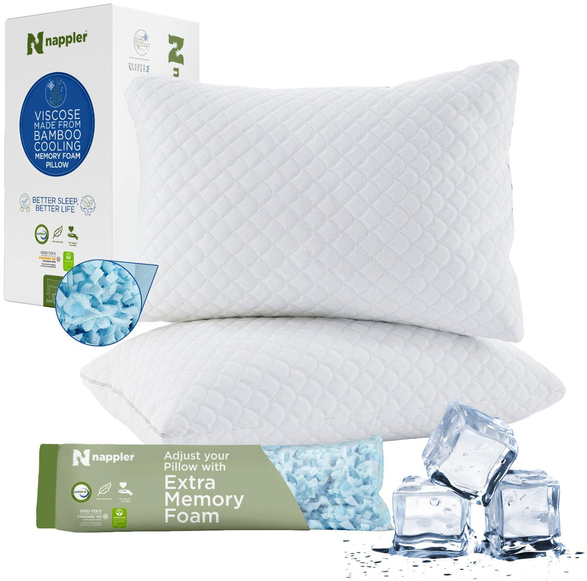 Nappler front packaging of queen pillow set showing matched pair and benefits