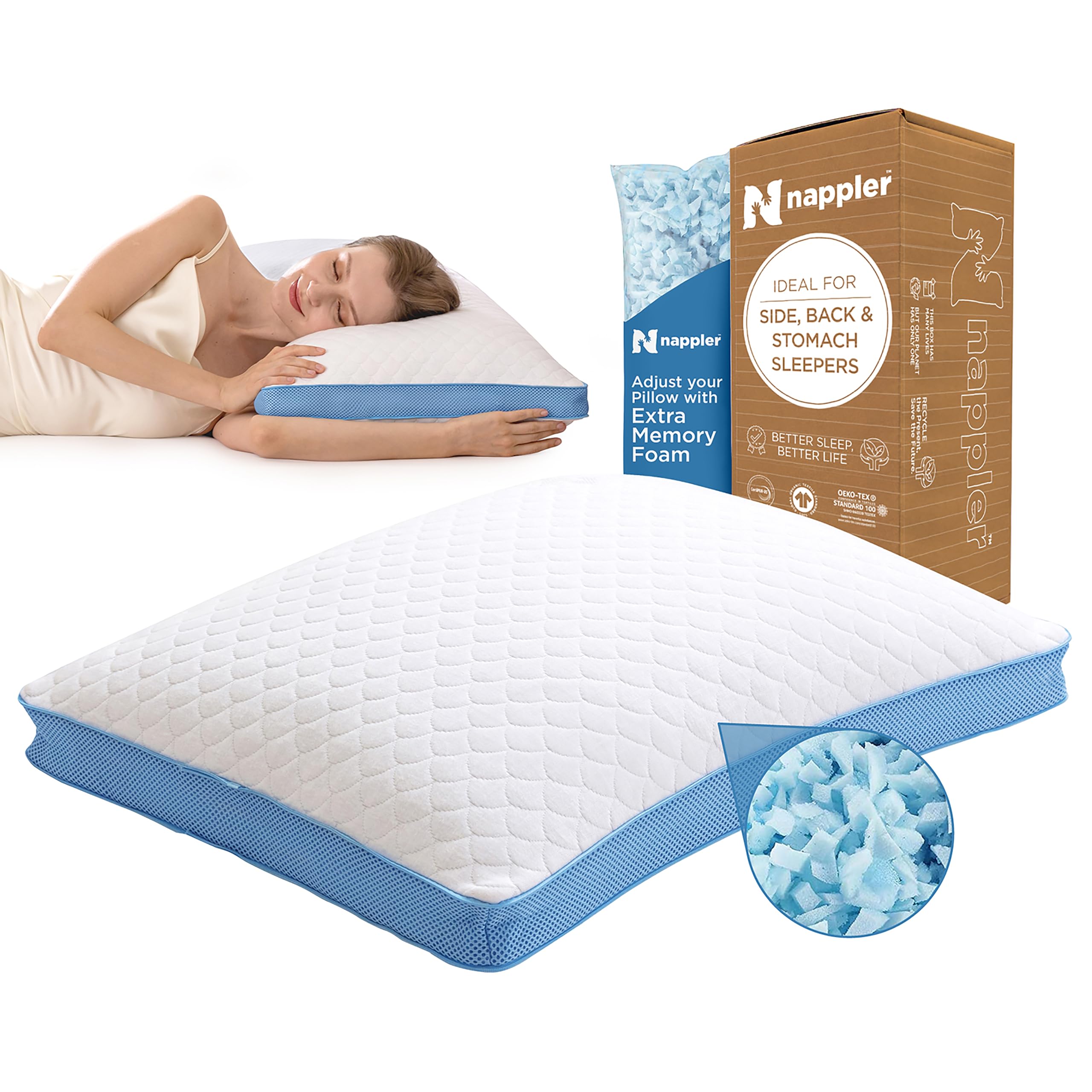 Nappler front view of queen pillow showing shape and plush comfort