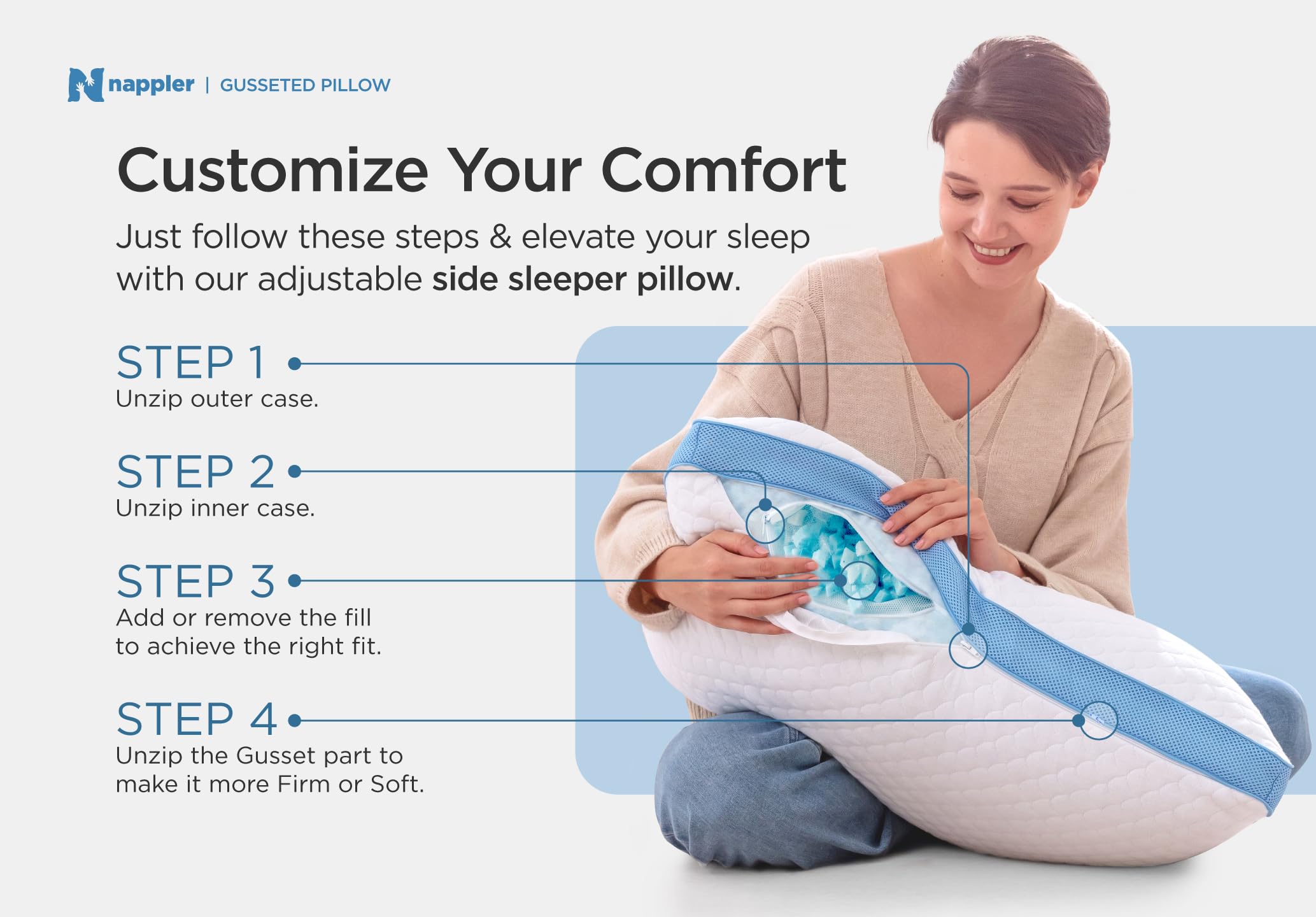 Nappler pillow supporting side sleeper shoulder alignment in use