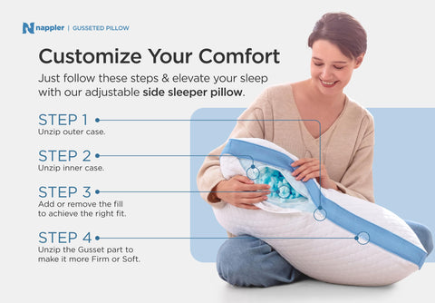 Nappler pillow supporting side sleeper shoulder alignment in use