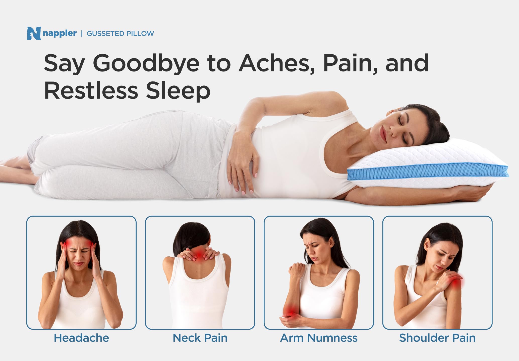 Nappler pillow on bed showing queen size scale and proper fit