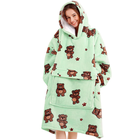 Narecte front view of oversized hoodie blanket shows full coverage and cozy look