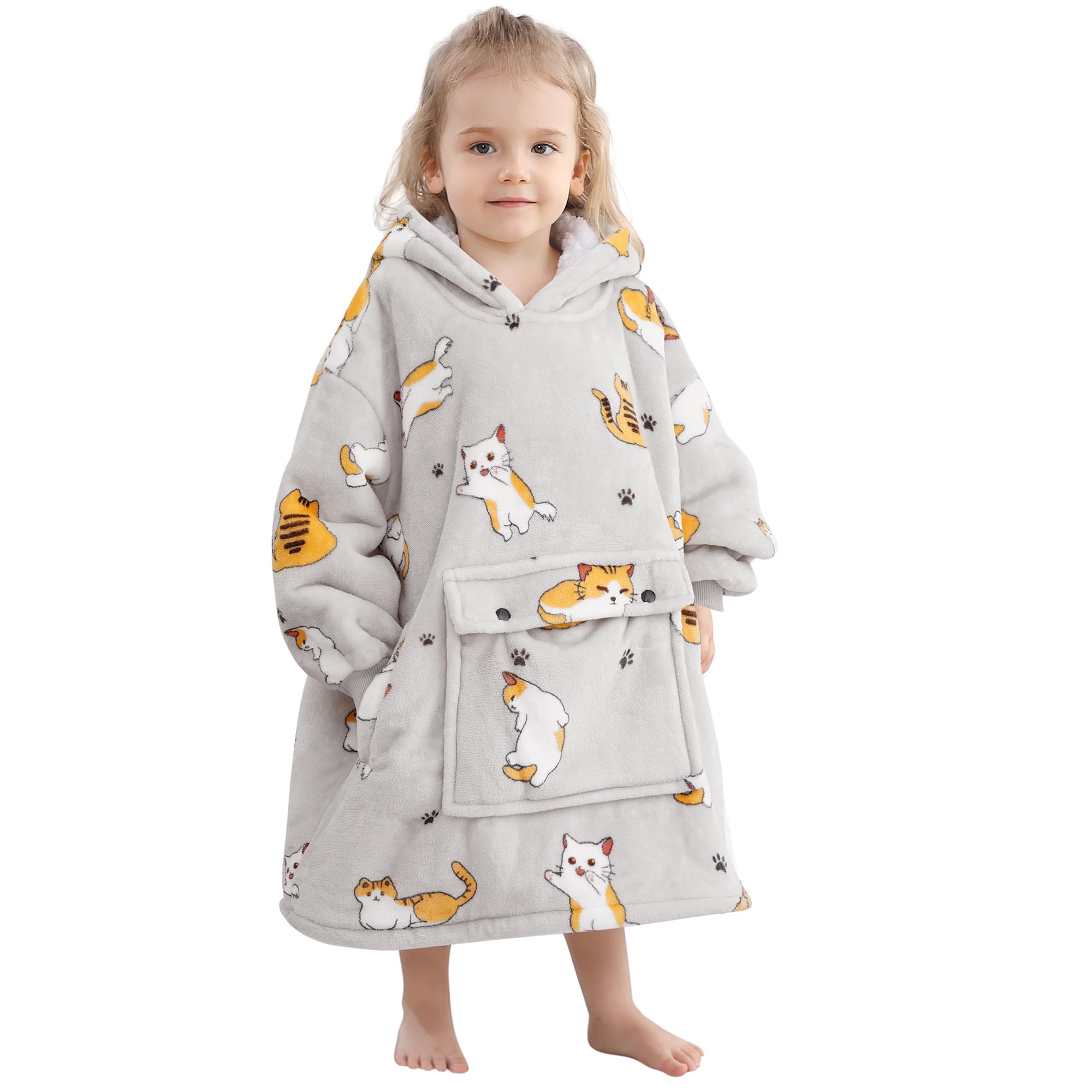 Narecte front view of kids hoodie blanket showing full oversized fit and coverage