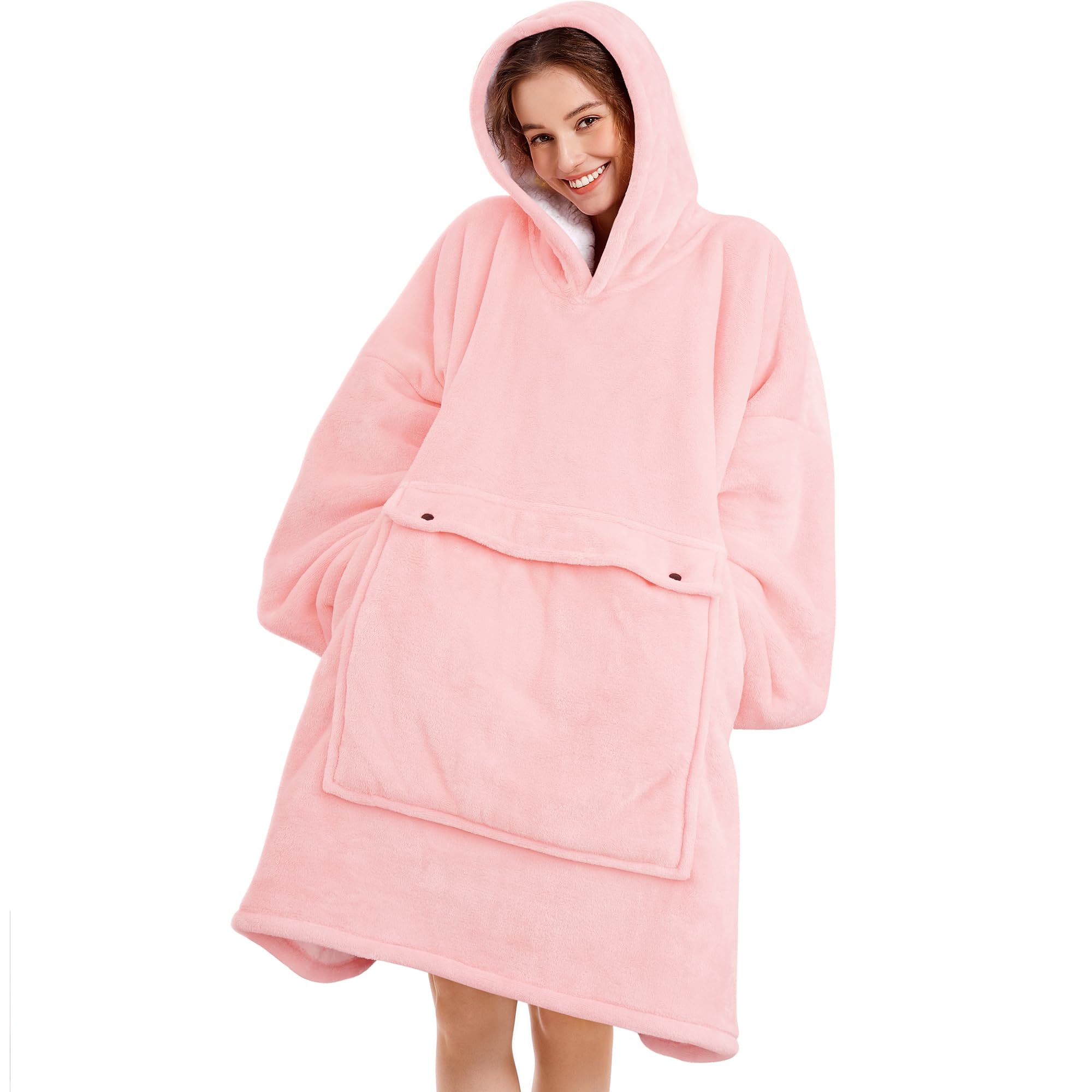 Narecte front view pink hooded blanket showing full coverage and cozy style