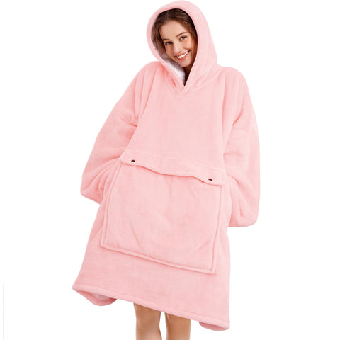 Narecte front view pink hooded blanket showing full coverage and cozy style