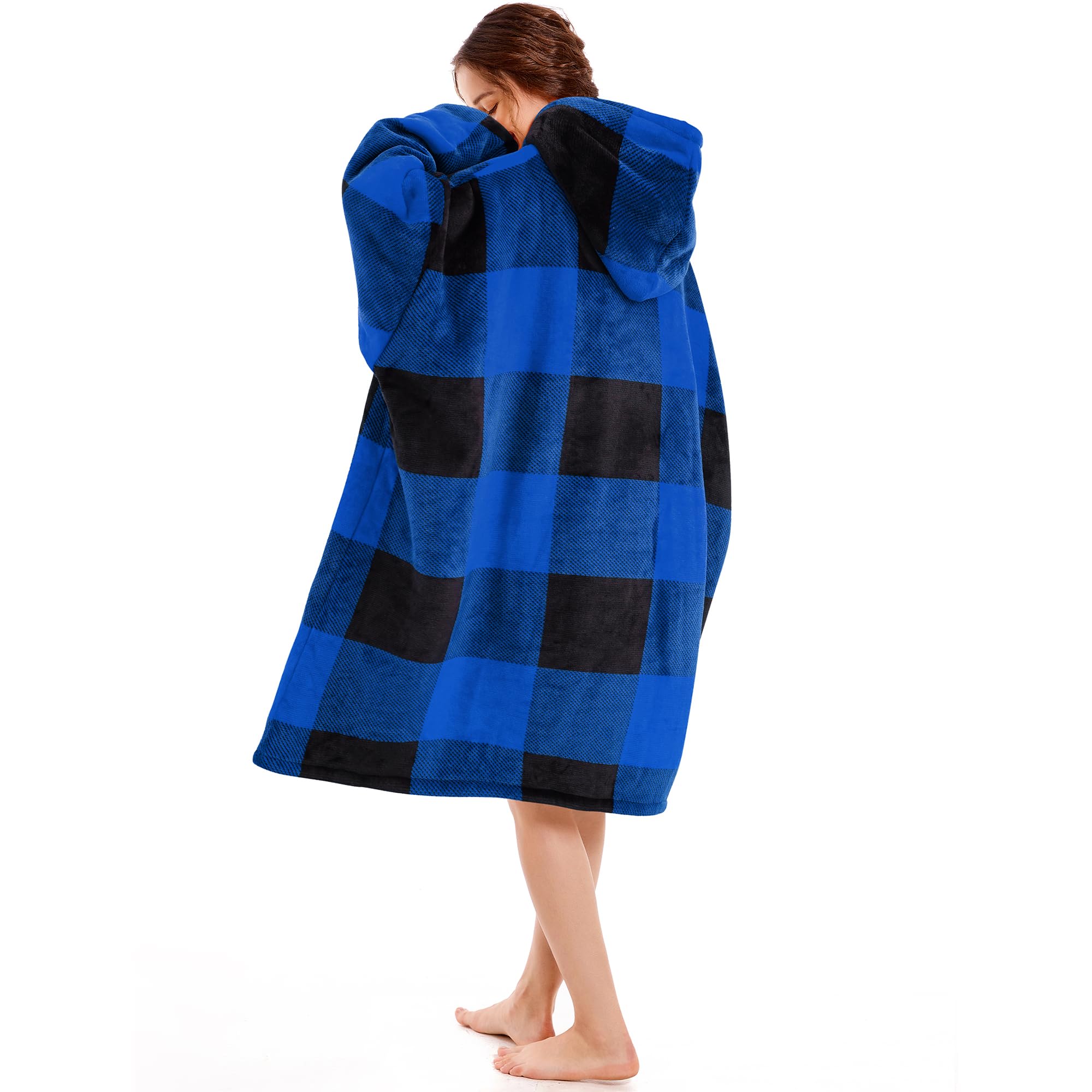 Narecte woman wearing hooded blanket in living room for relaxed comfort
