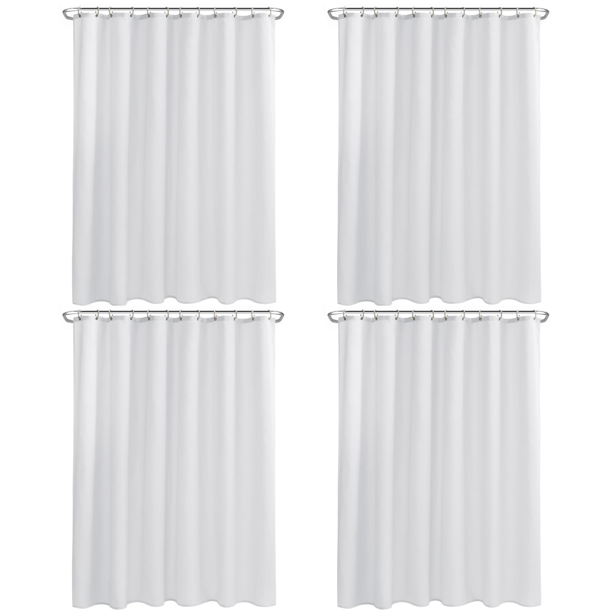 Nasitos front view of two white fabric shower liners, shows included magnets and benefits
